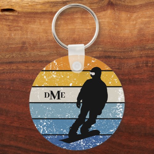 Monogram Silhouette Snow Boarder Retro Stripe Keychain