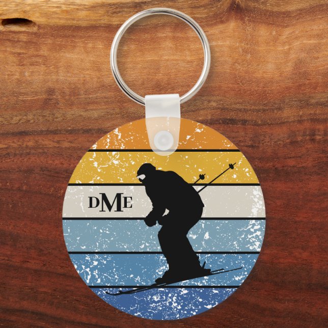 Monogram Silhouette Snow Skier Retro Stripe Keychain (Front)