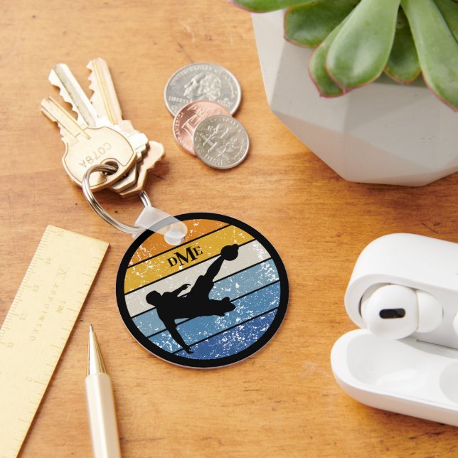 Monogram Silhouette Soccer Player Retro Stripe Keychain (Desk)