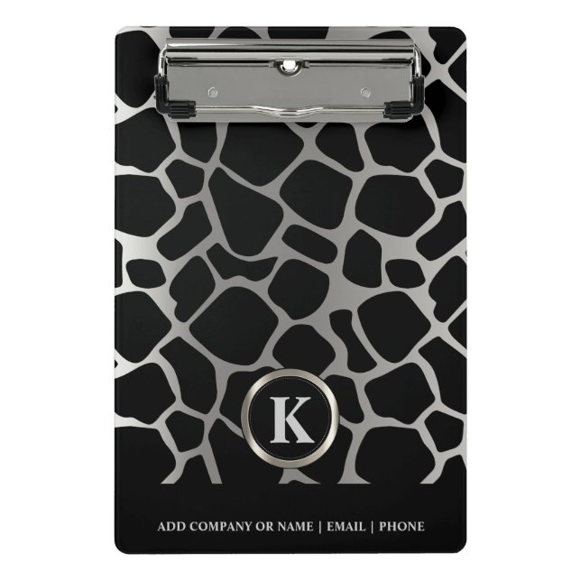 Monogram Silver and Black Giraffe Pattern Mini Clipboard (Front)