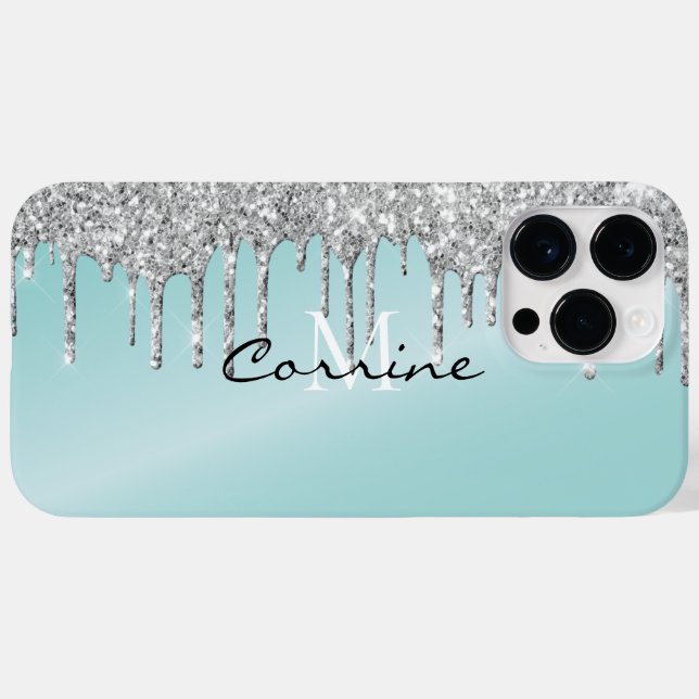 Monogram Silver Aqua Blue Glitter Drip Android + Case-Mate iPhone Case (Back (Horizontal))