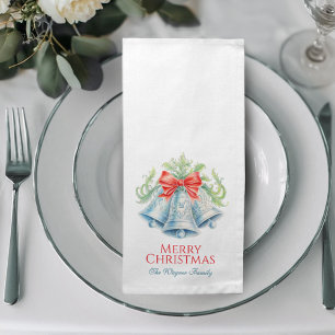 Monogram silver bells red bow family Christmas Cloth Napkin