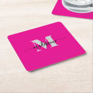 Monogram Silver Black Pink Personal Square Paper Coaster