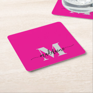 Monogram Silver Black Pink Personal Square Paper Coaster