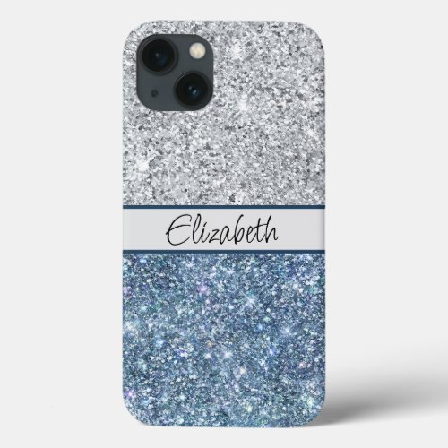Monogram Silver Blue Glitter Trendy Chic Stylish iPhone 13 Case