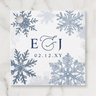 Monogram Silver Blue Snowflakes Winter Wedding Favor Tags