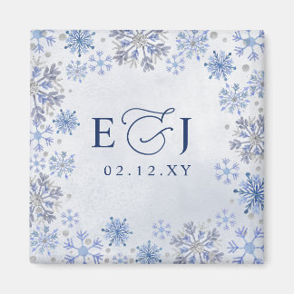 Monogram Silver Blue Snowflakes Winter Wedding Magnet