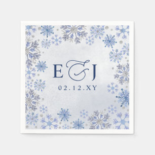 Monogram Silver Blue Snowflakes Winter Wedding Napkins