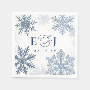 Monogram Silver Blue Snowflakes Winter Wedding Napkins