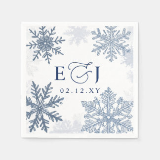 Monogram Silver Blue Snowflakes Winter Wedding Napkins