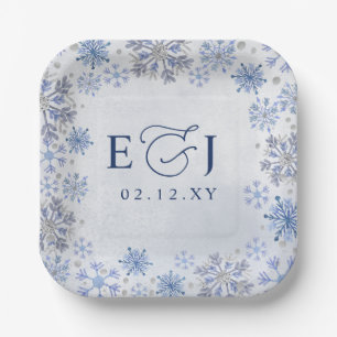 Monogram Silver Blue Snowflakes Winter Wedding Paper Plates