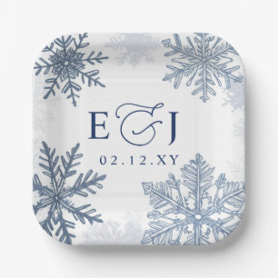 Monogram Silver Blue Snowflakes Winter Wedding Paper Plates