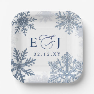 Monogram Silver Blue Snowflakes Winter Wedding Paper Plates