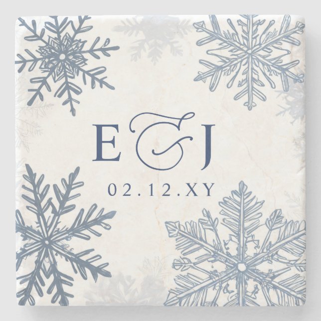 Monogram Silver Blue Snowflakes Winter Wedding Stone Coaster (Front)