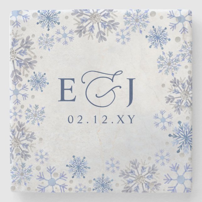 Monogram Silver Blue Snowflakes Winter Wedding Stone Coaster (Front)