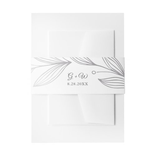 Monogram Silver Botanical Leaves Elegant Wedding Invitation Belly Band