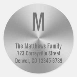 Monogram Silver Brushed Metal Look Radial Address Classic Round Sticker