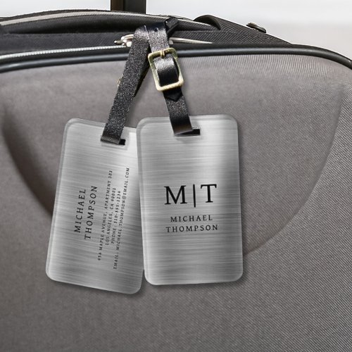 Monogram Silver Brushed Metallic Elegant Luggage Tag