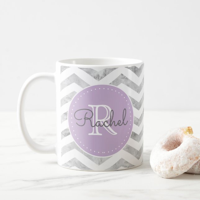 Monogram Silver Chevron Pattern Lavender Purple Coffee Mug (With Donut)