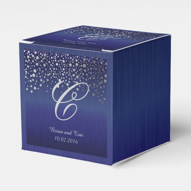 Monogram Silver Confetti Dots | Sapphire Blue Favor Boxes (Front Side)