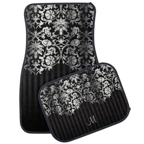 Monogram Silver Damask Black Stripe Pattern Car Floor Mat