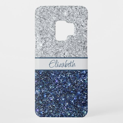 Monogram Silver Dark Blue Glitter Trendy Chic  Case_Mate Samsung Galaxy S9 Case