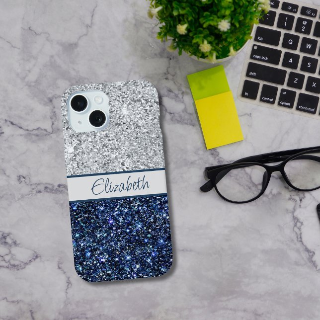 Monogram Silver Dark Blue Glitter Trendy Chic  Iphone Case (Blue Silver Glitter Monogrammed iPhone or Samsung Case)
