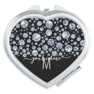 Monogram Silver Diamond Glitter Bling rhinestone Compact Mirror