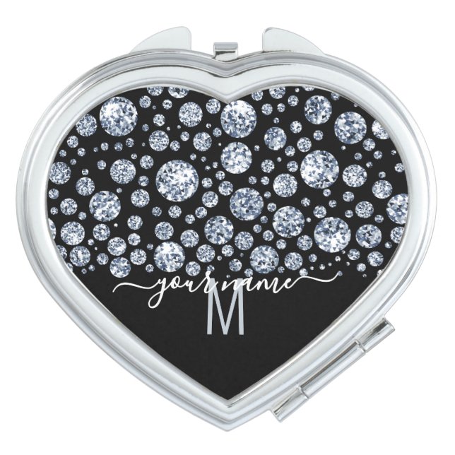 Monogram Silver Diamond Glitter Bling rhinestone Compact Mirror (Front)