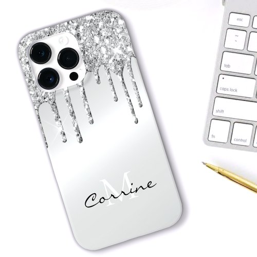 Monogram Silver Dripping Glitter Metallic Platinum Case_Mate iPhone 14 Pro Max Case