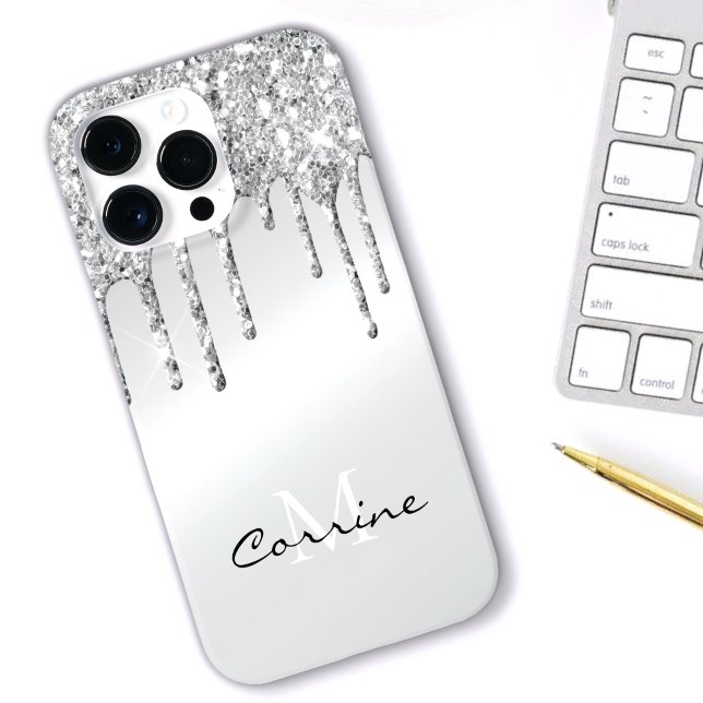 Monogram Silver Dripping Glitter Metallic Platinum Case-Mate iPhone Case (Creator Uploaded)