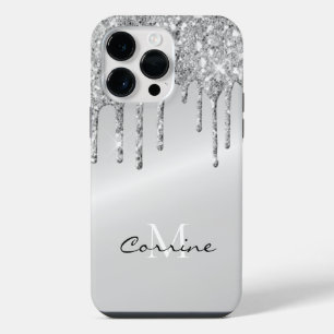 Monogram Silver Dripping Glitter Metallic Platinum iPhone 14 Pro Max Case