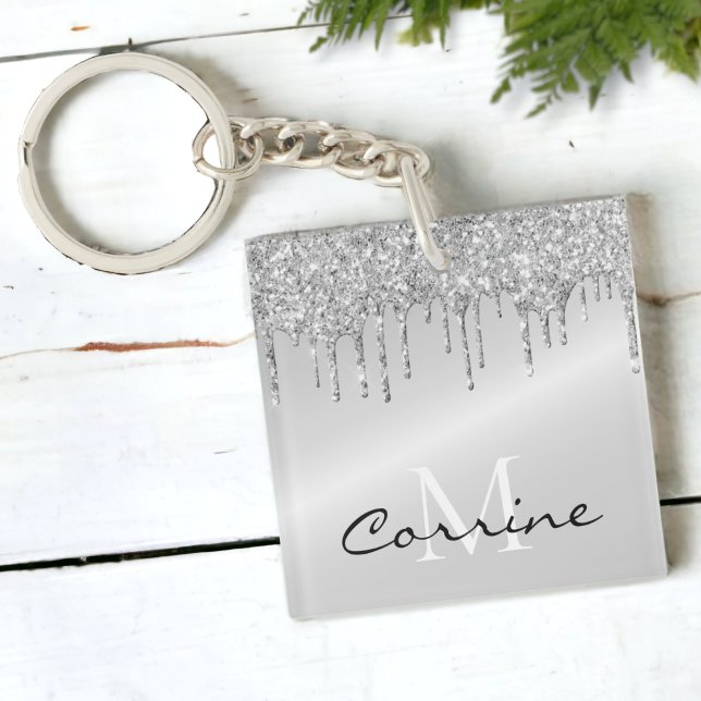 Monogram Silver Dripping Glitter Metallic Platinum Keychain (Creator Uploaded)