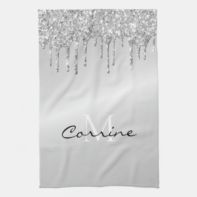 Monogram Silver Dripping Glitter Metallic Platinum Kitchen Towel (Vertical)