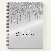 Monogram Silver Dripping Glitter Metallic Platinum Notebook