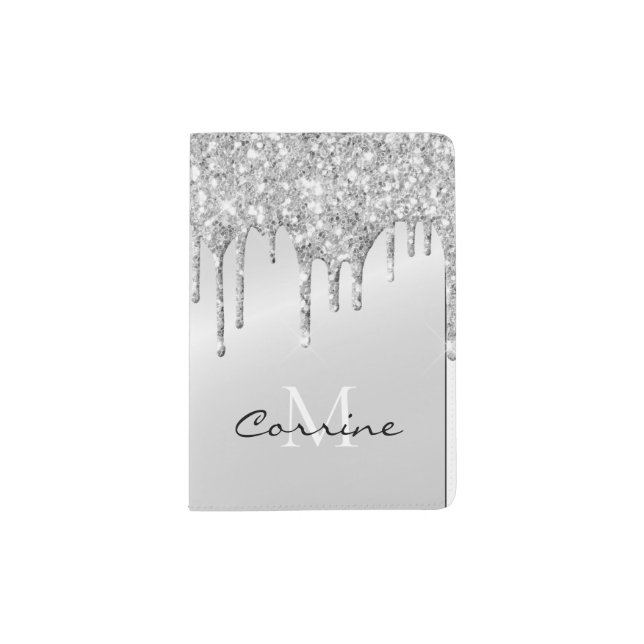 Monogram Silver Dripping Glitter Metallic Platinum Passport Holder (Front)