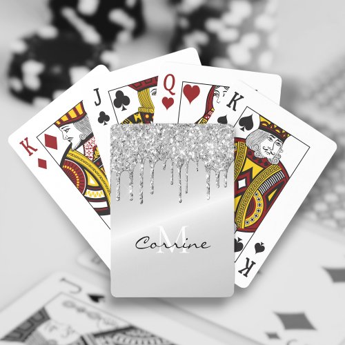 Monogram Silver Dripping Glitter Metallic Platinum Poker Cards