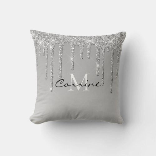 Monogram Silver Dripping Glitter Metallic Platinum Throw Pillow