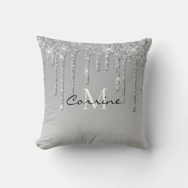 Monogram Silver Dripping Glitter Metallic Platinum Throw Pillow (Front)