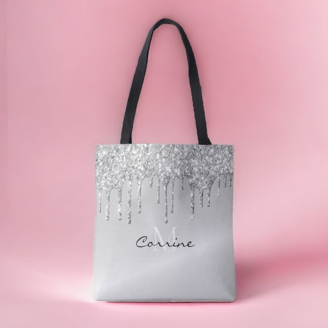 Monogram Silver Dripping Glitter Metallic Platinum Tote Bag (Creator Uploaded)