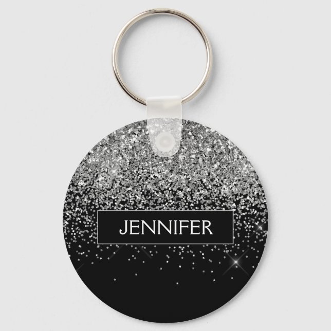 Monogram Silver Glam Glitter Sparkle Name Keychain (Front)
