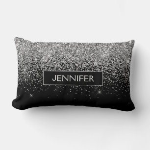 Monogram Silver Glam Glitter Sparkle Name Lumbar Pillow