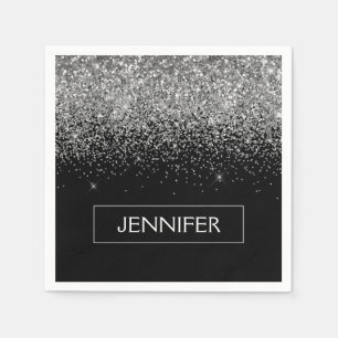 Monogram Silver Glam Glitter Sparkle Name Napkins