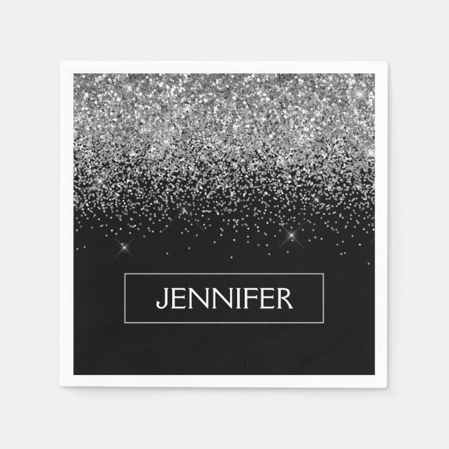 Monogram Silver Glam Glitter Sparkle Name Napkins (Front)