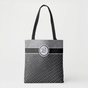Monogram Silver Glitter and Black Fashion Chic Tote Bag