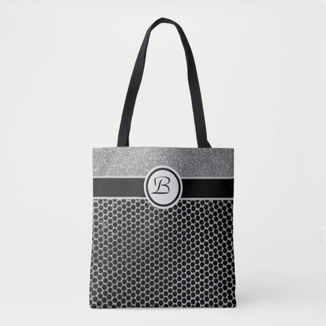 Monogram Silver Glitter and Black Fashion Chic Tote Bag (Front)