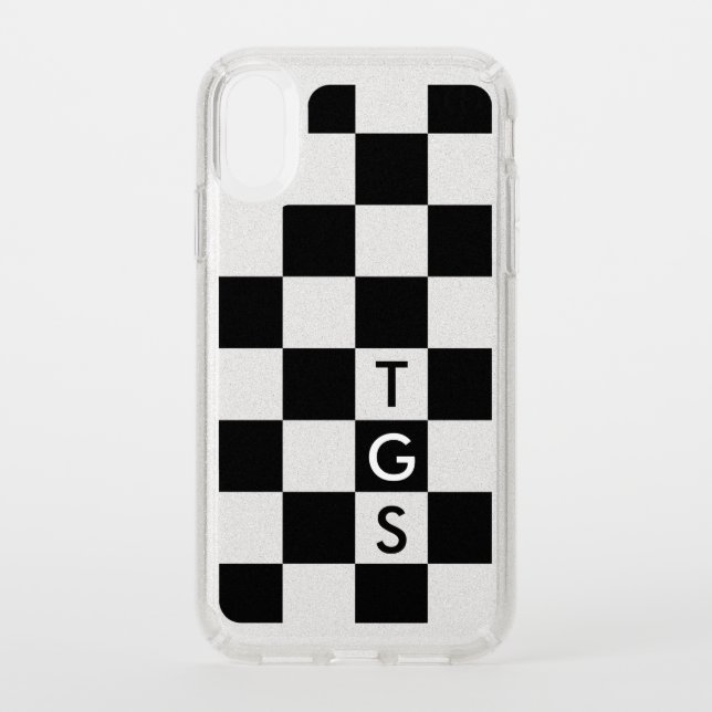 Monogram Silver Glitter Black Checkered Pattern Speck iPhone XR Case (Front)