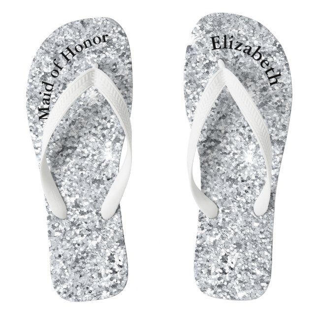 Monogram Silver Glitter Bridesmaid Maid of Honor Flip Flops (Footbed)