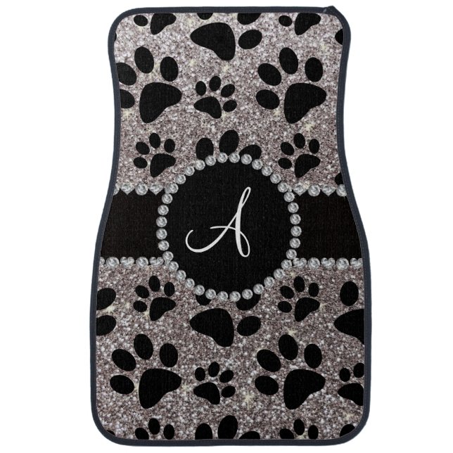 Monogram silver glitter dog paws car floor mat (Front)