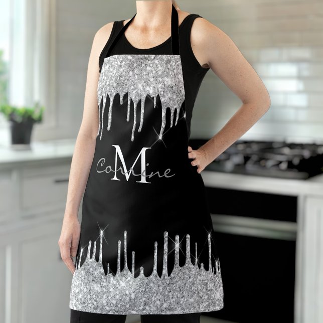 Monogram Silver Glitter Drip Chic Black Name Apron (Creator Uploaded)